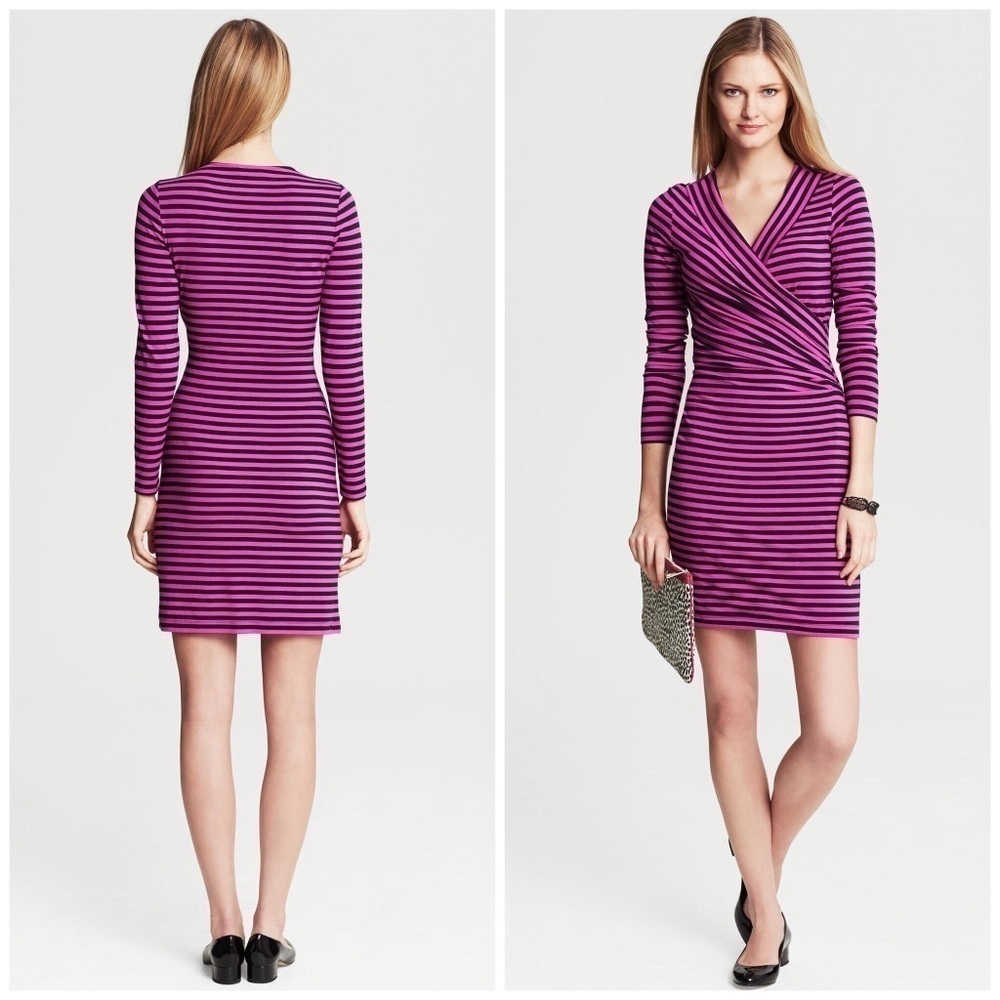 Banana Republic Pink/Black Striped Faux Wrap Dress